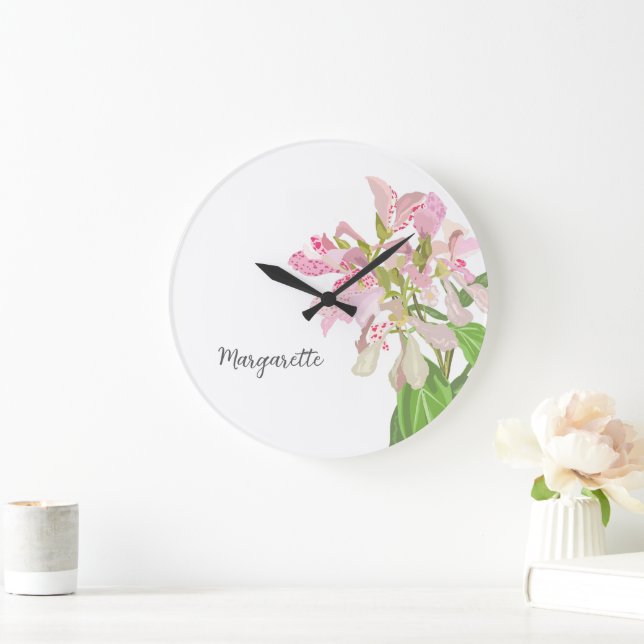 Pink Orchid Floral Design – Elegant Botanical Art Große Wanduhr (Zuhause)