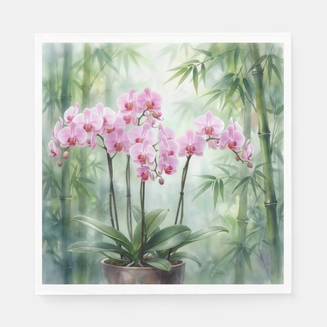 Pink Orchid Plant On Bamboo Background Serviette (Vorderseite)