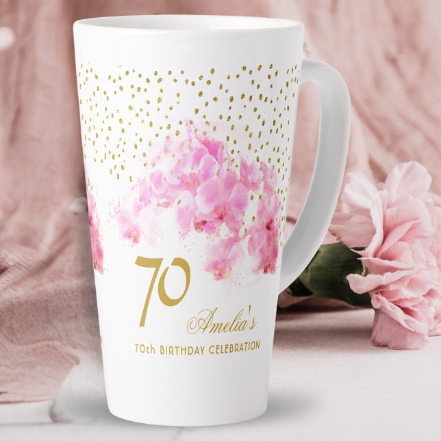 Pink Orchid Watercolor Gold Glitter 70th Birthday Milchtasse (Von Creator hochgeladen)