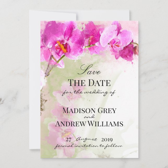 Pink Orchid Watercolor Splash Save the Date (Vorderseite)