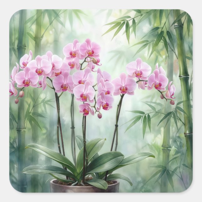 Pink Orchids On Green Bamboo Background Quadratischer Aufkleber (Vorderseite)