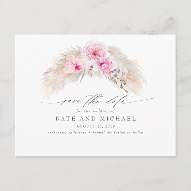 Pink Orchids Pampas Grass Tropical Save the Date Postkarte (Vorderseite)