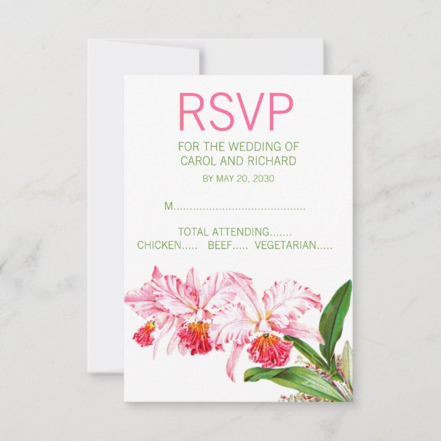Pink Orchids Watercolor Wedding RSVP Karte (Vorderseite)