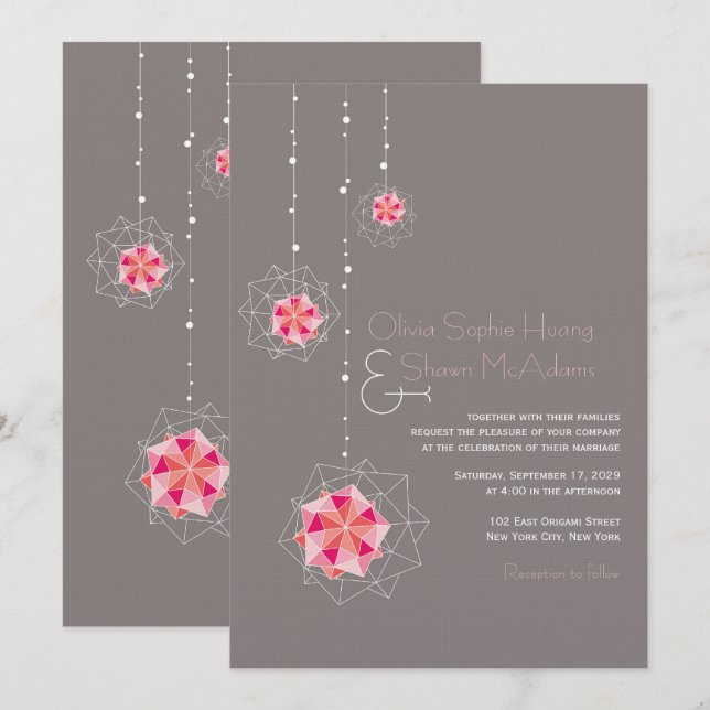 Pink Origami Hanging Ornament Lights Asiatische Ho Einladung (Vorne/Hinten)