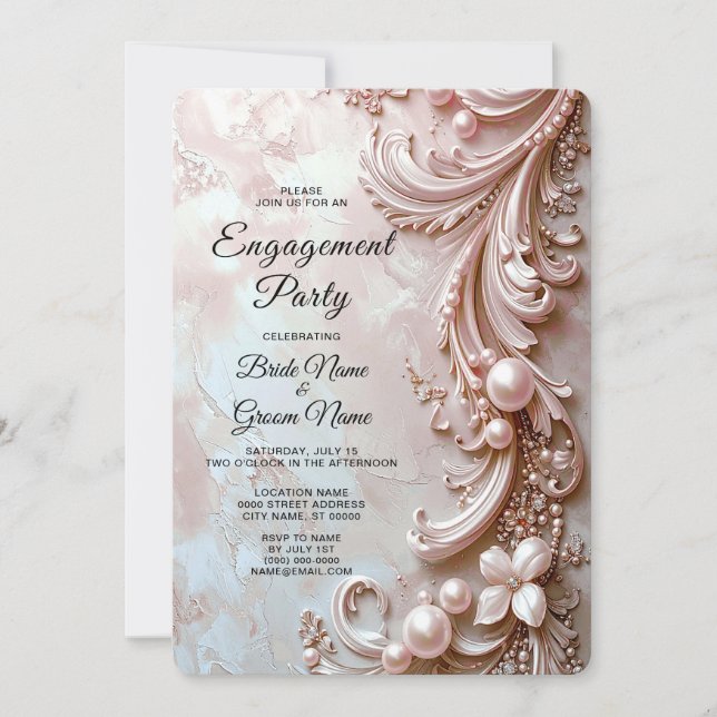 Pink Ornate Pearl and Floral Engagement Einladung (Vorderseite)