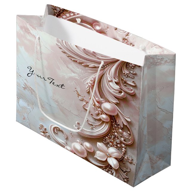 Pink Ornate Pearl and Floral Gift Bag Große Geschenktüte (Vorderseite Schrägansicht)