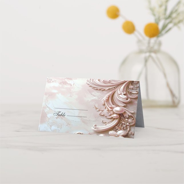Pink Ornate Pearl and Floral Place Card Platzkarte (Vorderseite)