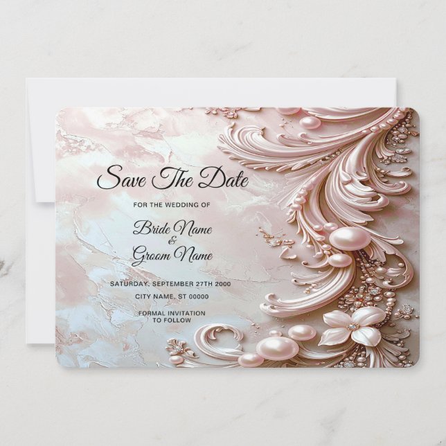 Pink Ornate Pearl and Floral Save The Date (Vorderseite)
