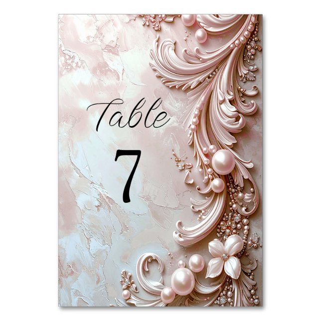 Pink Ornate Pearl and Floral Table Number Tischnummer (Vorderseite)