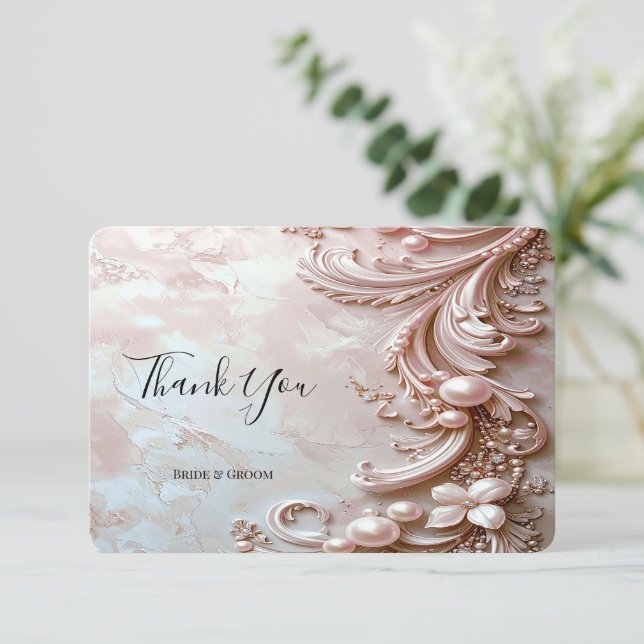 Pink Ornate Pearl and Floral Thank You Card Dankeskarte (Stehend Vorderseite)