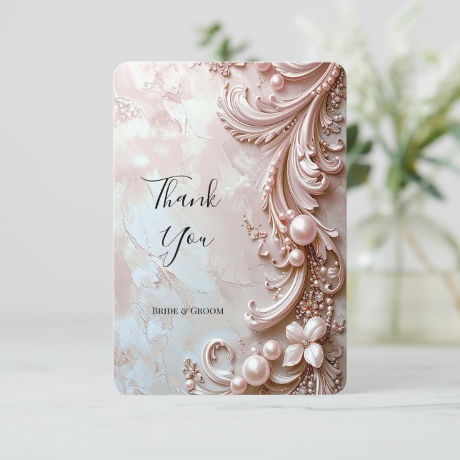 Pink Ornate Pearl and Floral Thank You Card Dankeskarte (Stehend Vorderseite)