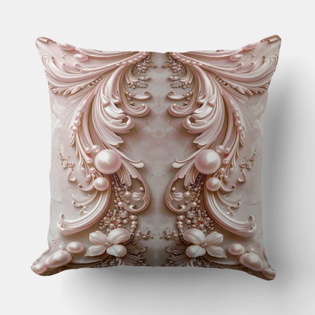 Pink Ornate Pearl and Floral Throw Pillow Kissen (Vorderseite)