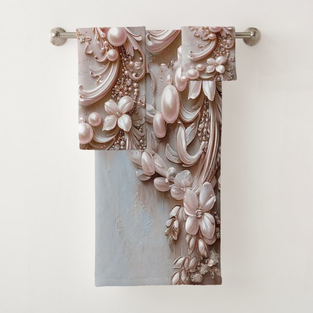 Pink Ornate Pearl and Floral Towel Set (Insitu)