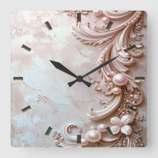 Pink Ornate Pearl and Floral Wall Clock Quadratische Wanduhr