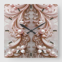 Pink Ornate Pearl and Floral Wall Clock Quadratische Wanduhr