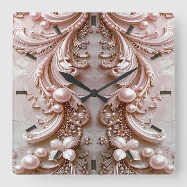 Pink Ornate Pearl and Floral Wall Clock Quadratische Wanduhr (Vorderseite)