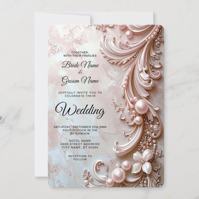Pink Ornate Pearl and Floral Wedding Invitation Einladung (Vorderseite)