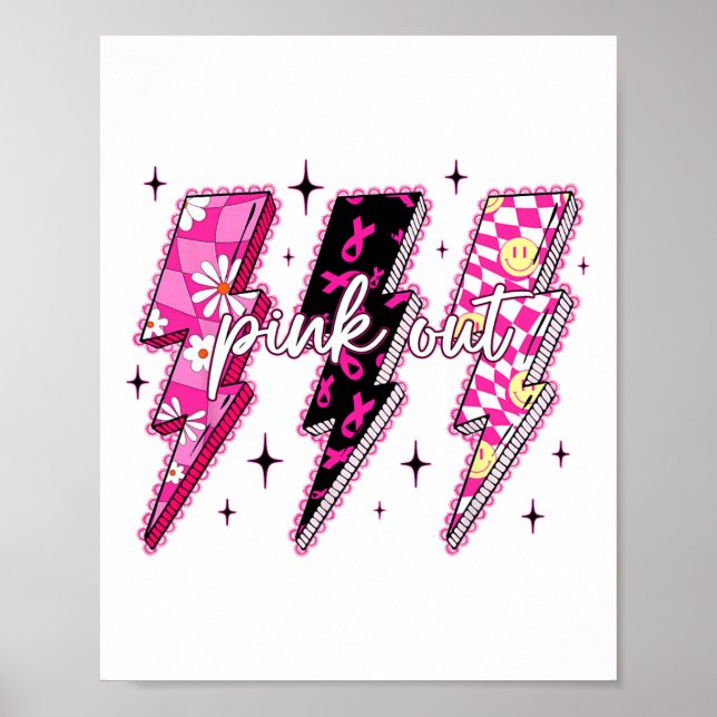 Pink Out Checkered Lightning Bolt Breast Cancer Aw Poster (Vorne)