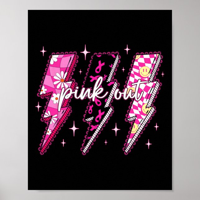 Pink Out Checkered Lightning Bolt Breast Cancer Aw Poster (Vorne)