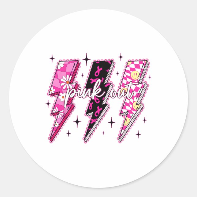 Pink Out Checkered Lightning Bolt Breast Cancer Aw Runder Aufkleber (Vorderseite)
