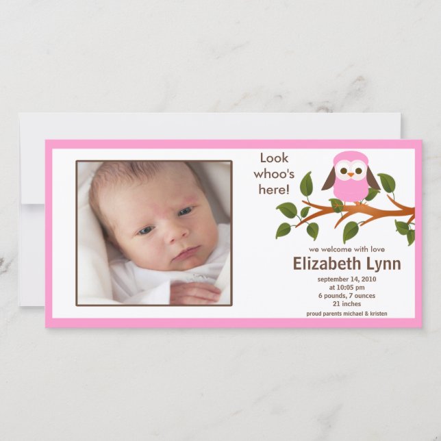 Pink Owl Baby Girl Birth Annoucement Ankündigung (Vorderseite)