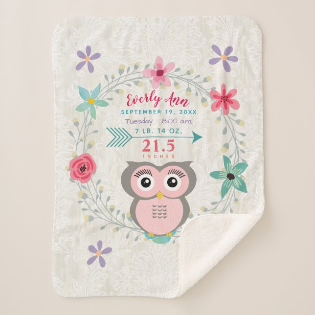 Pink Owl Baby Girl Stats Wasserfarbenkrez Sherpadecke (Vorderseite)