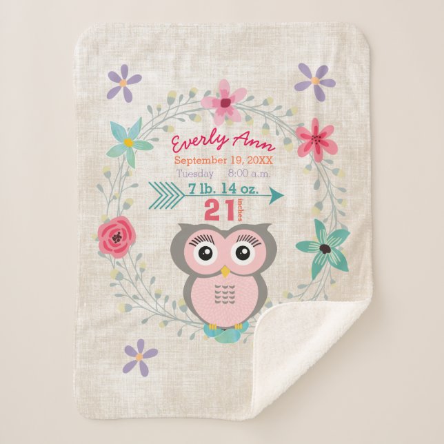 Pink Owl Baby Girl Stats Wasserfarbenkrez Sherpadecke (Vorderseite)