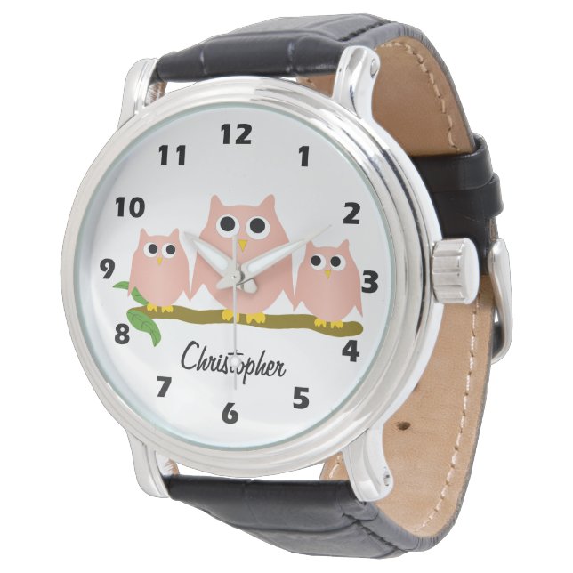 Pink Owl Design personalisiert Armbanduhr (Schrägansicht)