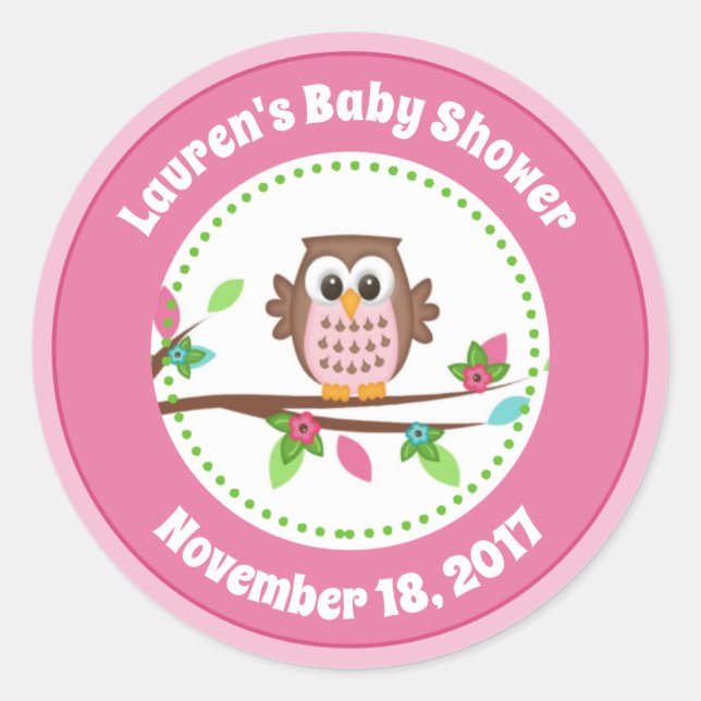 Pink Owl Girl Babydusche Pflegeaufkleber Runder Aufkleber (Vorderseite)