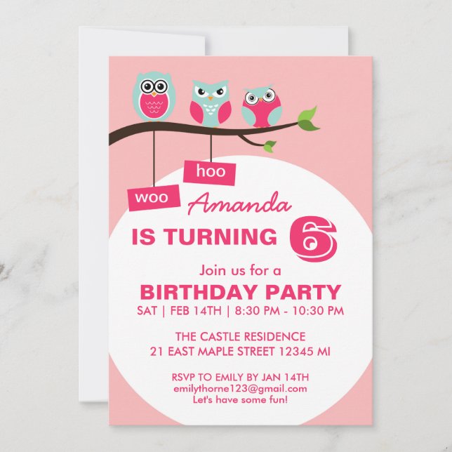 Pink Owl Polka Dots Geburtstag Einladung für Kinde (Vorderseite)