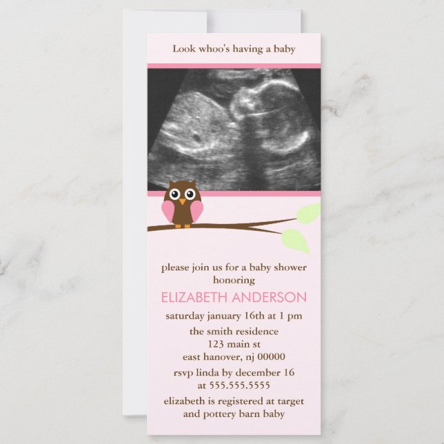 Pink Owl Sonogram Babydusche Einladung (Vorderseite)