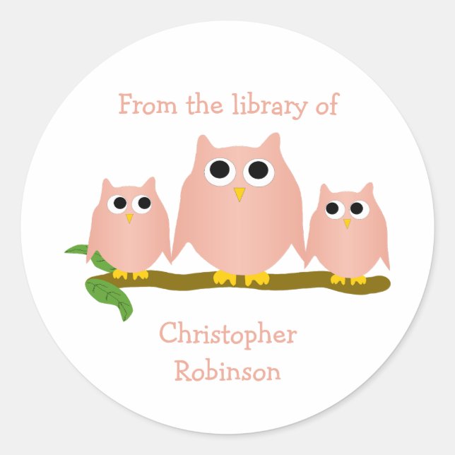Pink Owls Design Exlibris Runder Aufkleber (Vorderseite)