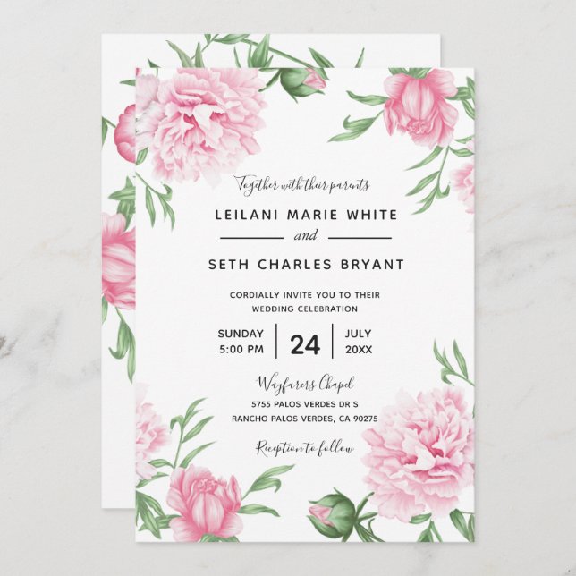 Pink Painted Floral Peonies Hochzeit Einladung (Vorne/Hinten)