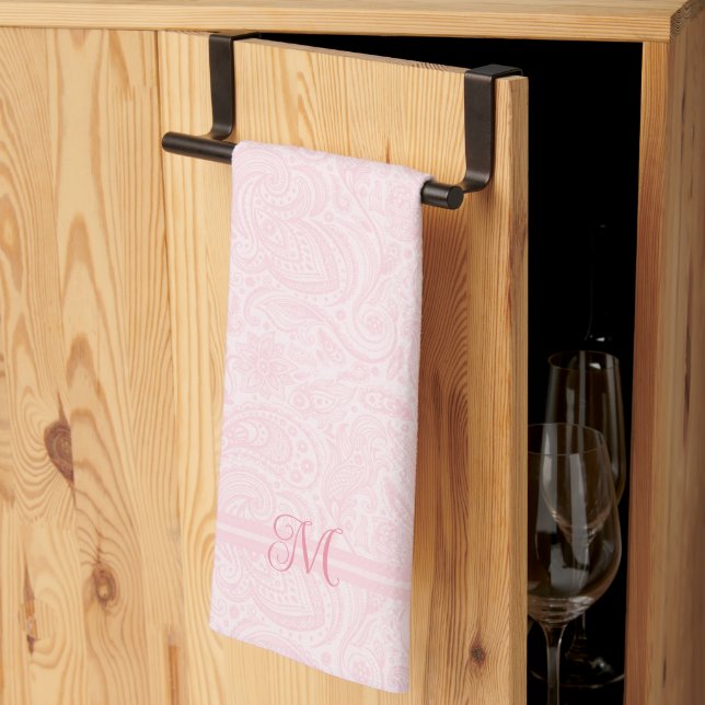 Pink-Paisley-Muster Streifen und Monogramm Geschirrtuch (Drittel gefaltet)