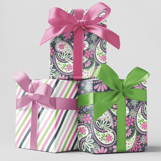 Pink Paisley Print Muster hell Geschenkpapier Set (Pink and grey paisley print wrapping paper)