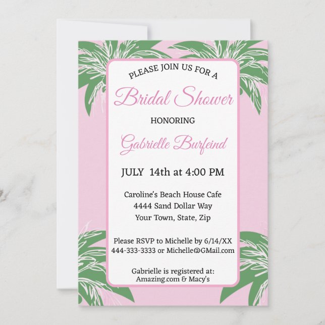 Pink Palm Bridal Shower Invitation | Tropical Palm Einladung (Vorderseite)