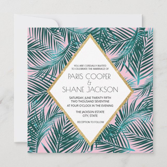 Pink Palm Deko Hochzeitseinladung Einladung (Vorderseite)