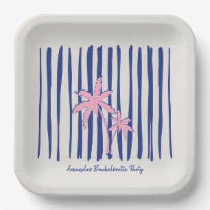 Pink Palm Pair auf Blue Stripes Junggeselinnen-Abs Pappteller