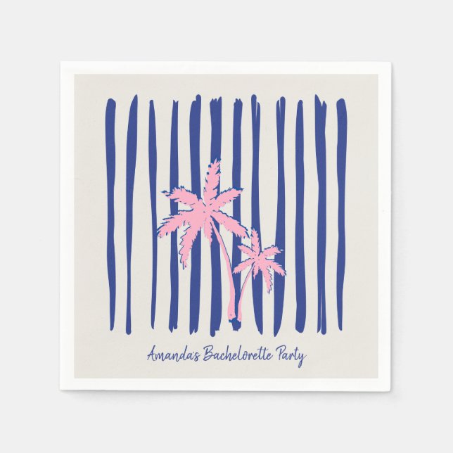 Pink Palm Pair auf Blue Stripes Junggeselinnen-Abs Serviette (Vorderseite)