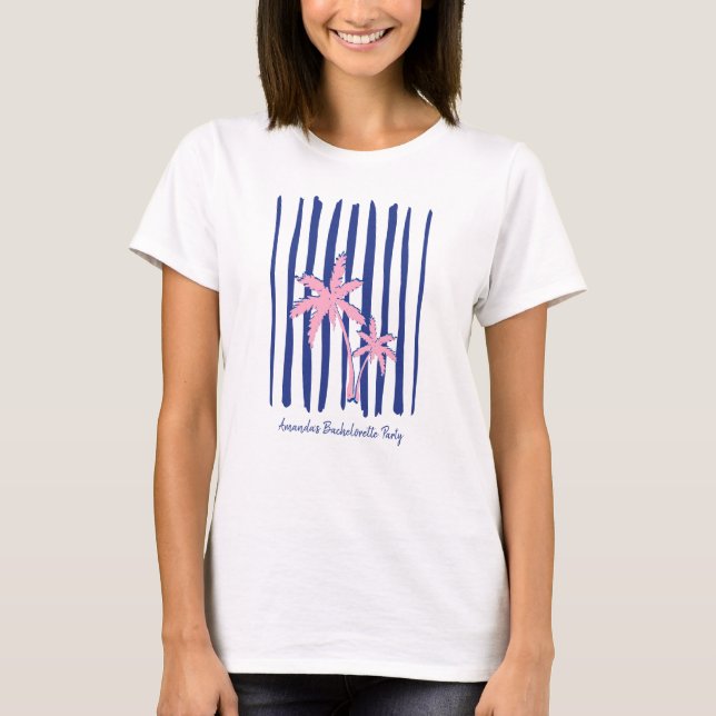 Pink Palm Pair auf Blue Stripes Junggeselinnen-Abs T-Shirt (Vorderseite)
