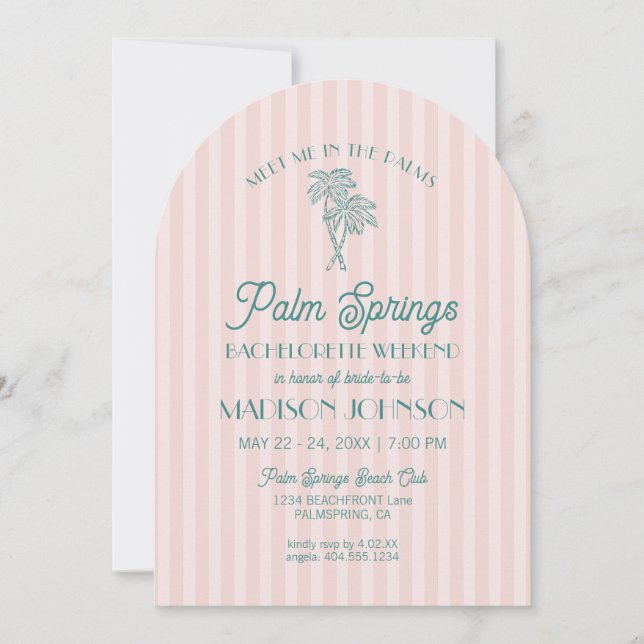 Pink Palm Springs Pastel Beach Bachelorette Weeken Einladung (Vorderseite)