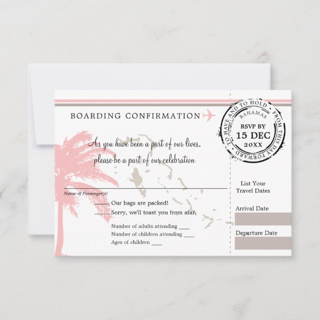 Pink Palm Tree Bahamas Boarding Pass Wedding RSVP (Vorderseite)
