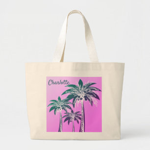 Pink Palm Tree Bold Preppy Beach Summer Name Jumbo Stoffbeutel