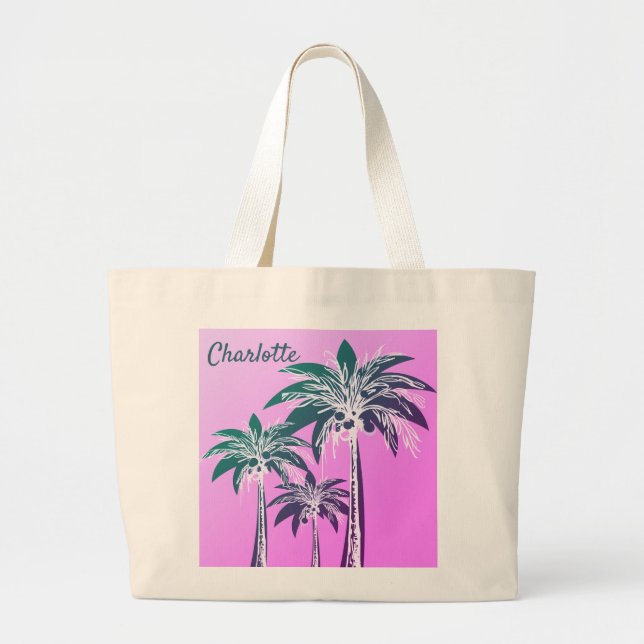 Pink Palm Tree Bold Preppy Beach Summer Name Jumbo Stoffbeutel (Vorne)