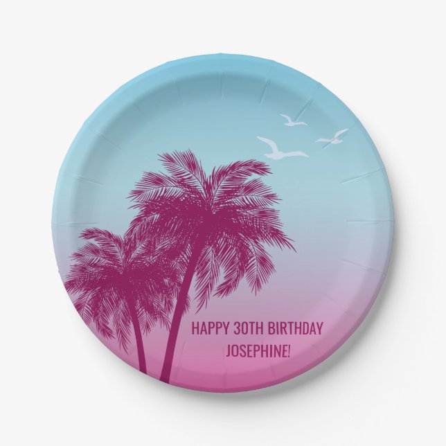 Pink Palm Trees Tropical Evening Happy Birthday Pappteller (Vorderseite)