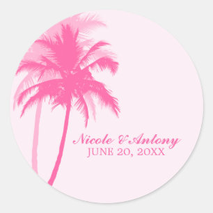 Pink Palm Trees Wedding Runder Aufkleber