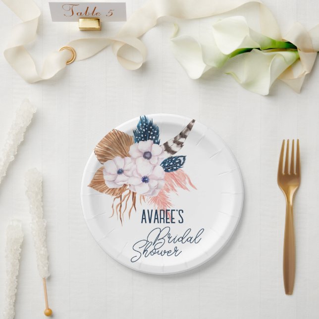 Pink Pampas Grass and Feather Brautparty Pappteller (Hochzeit)