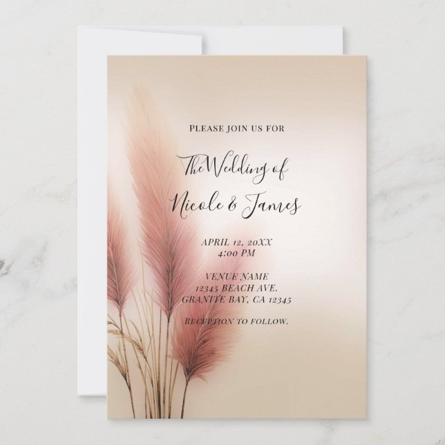 Pink Pampas Grass Bohemisch Boho Hochzeit Einladung (Vorderseite)