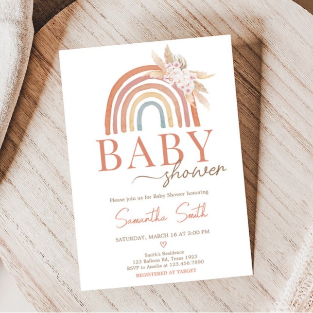 Pink Pampas Grass Boho Rainbow Baby Dusche Einladung (Girl Boho Rainbow Baby Shower Invitation)