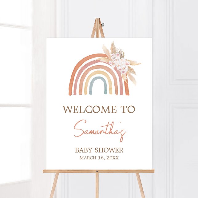 Pink Pampas Grass Boho Rainbow Willkommen Poster (Girl Boho Rainbow Baby Shower Welcome Sign)